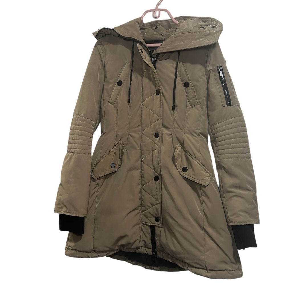 BCBGMAXAZRIA Coat Womens S Beige Hooded Parka Quilted Zip Winter MRSP $500